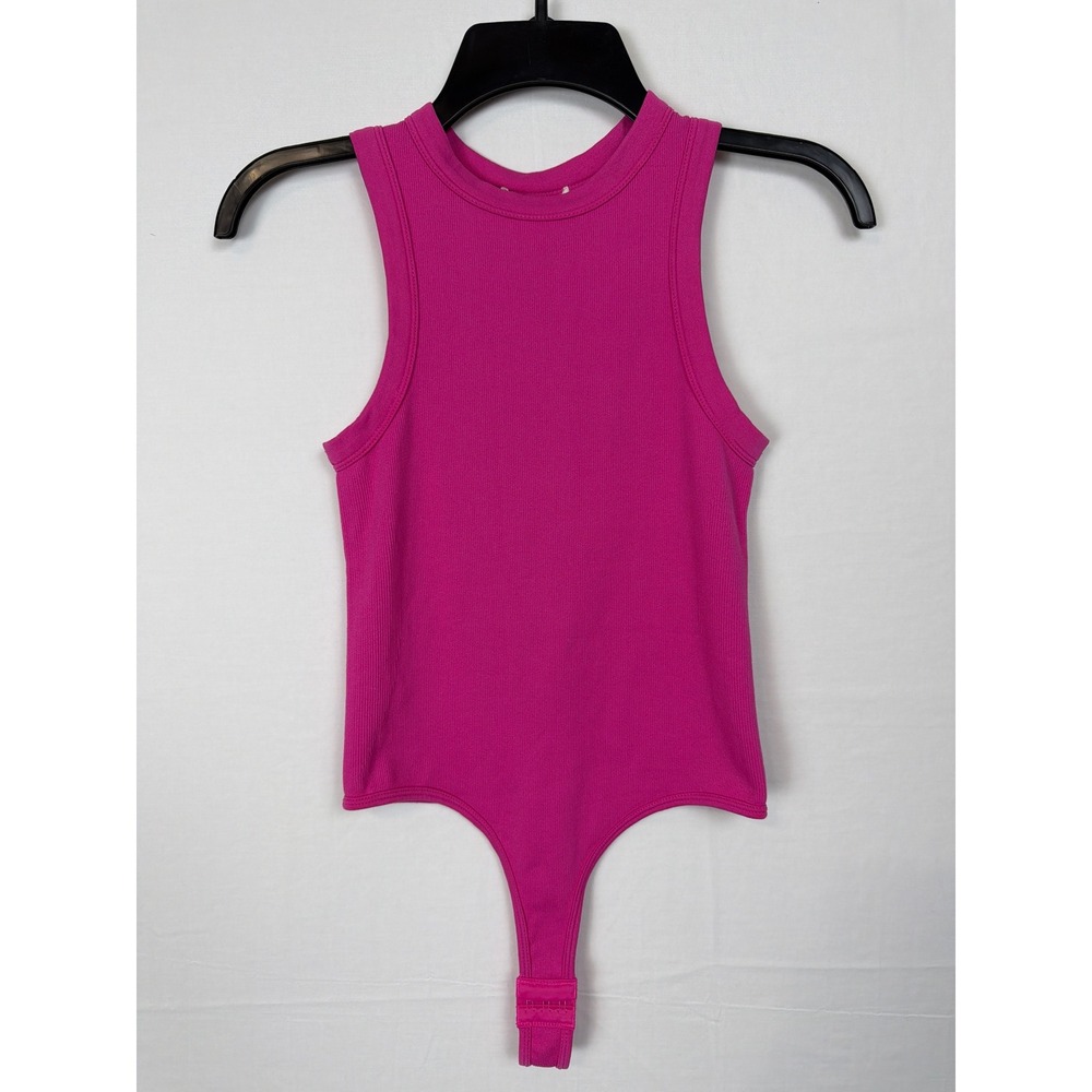 Happily Grey Ribbed Sleeveless Bodysuit Women M/L Pink‎ High Neck Thong Back